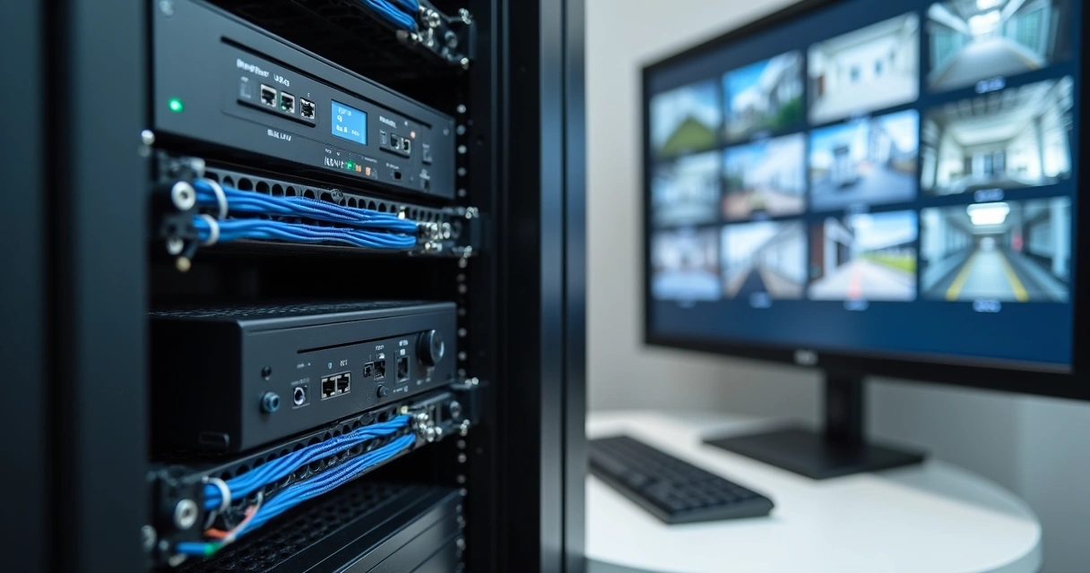 Instalador configurando DVR em rack com câmeras de segurança em monitor 