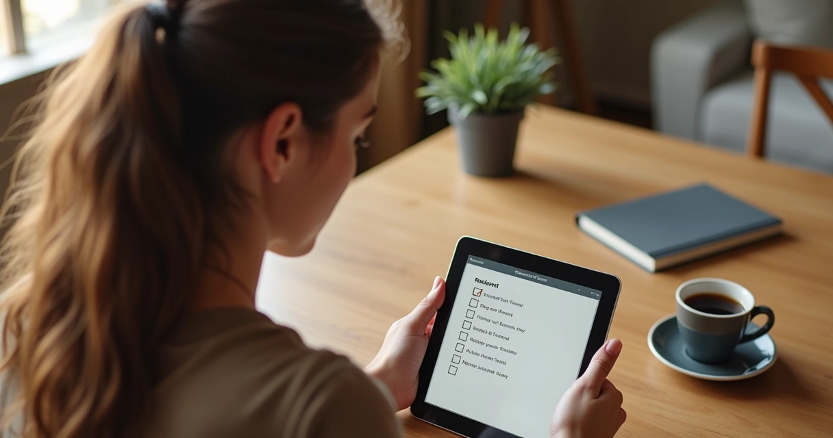 Mulher segura e-book digital aberto com checklist em destaque 