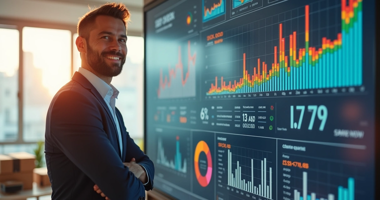 Empreendedor satisfeito acompanhando vendas em painel virtual 