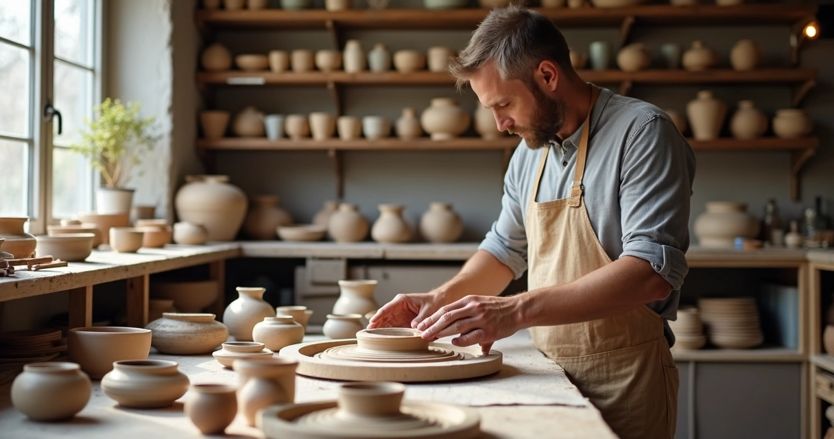Homem analisando produtos de cerâmica em bancada