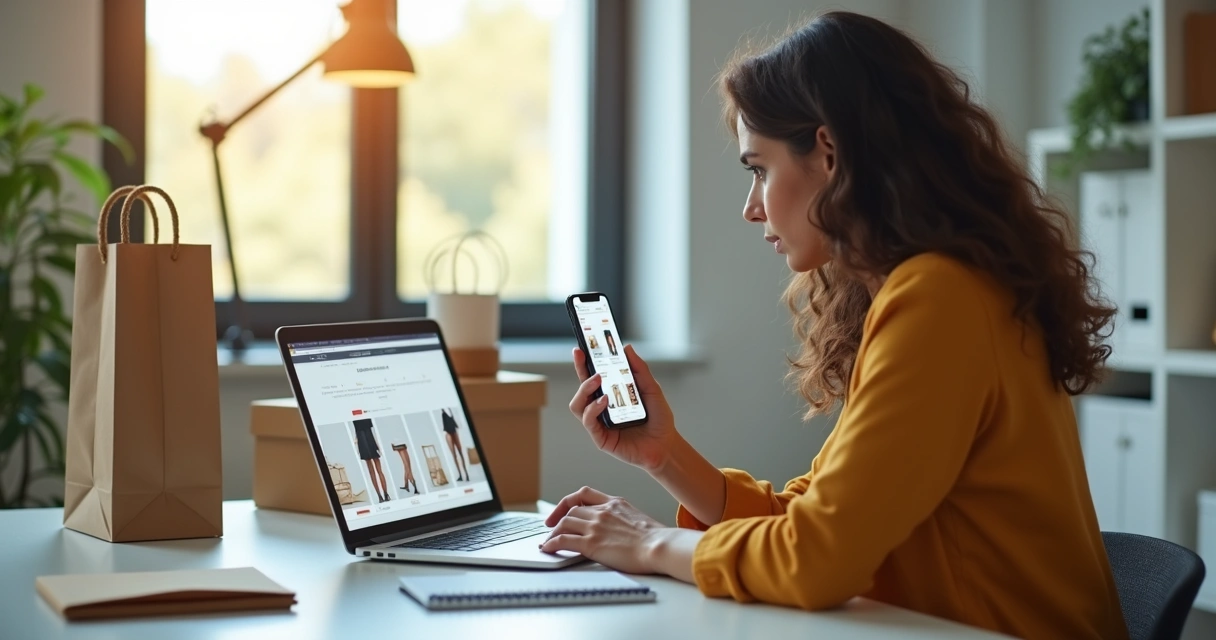 Mulher diante de notebook comprando em loja online com smartphone ao lado 