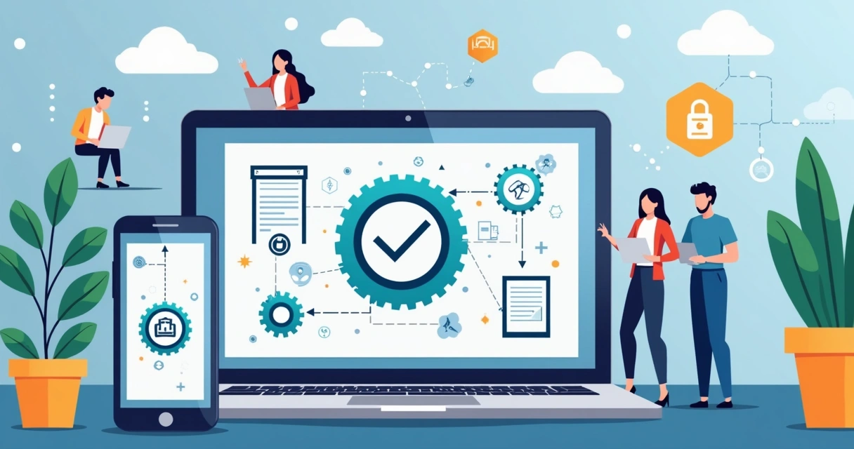 Workflow illustration of automated e-signature approval with AI integration on a laptop and mobile device 