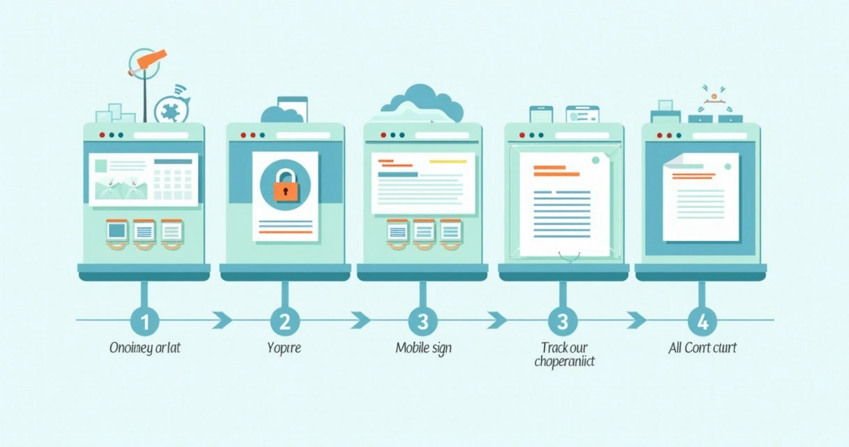 Visual guide showing step-by-step e-signature process with annotated screenshots and icons