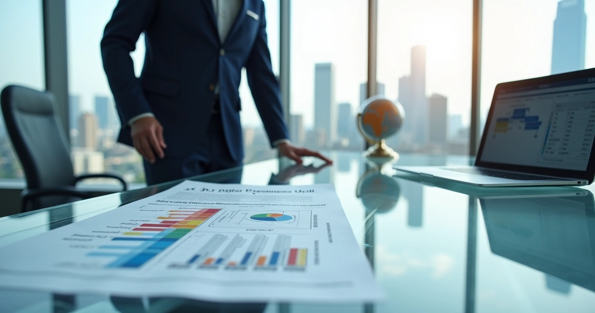 Entrepreneur analyzing E-2 investor business roadmap with US city skyline 