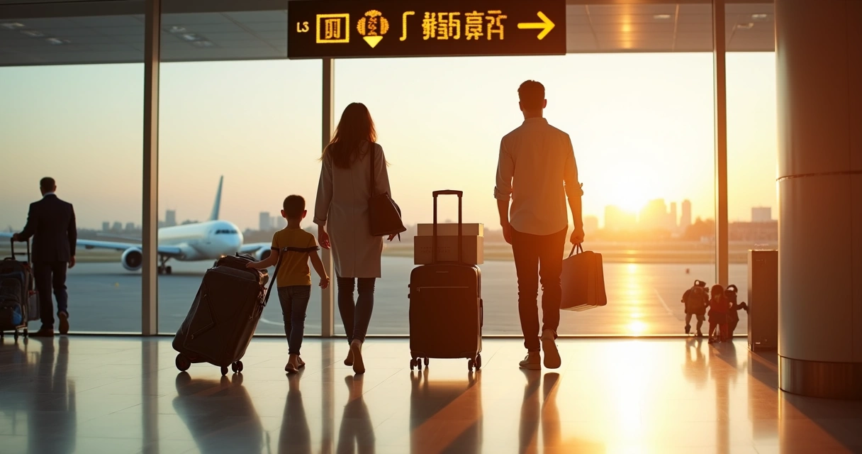 Treaty investor family walking through U.S. airport arrivals with business luggage 