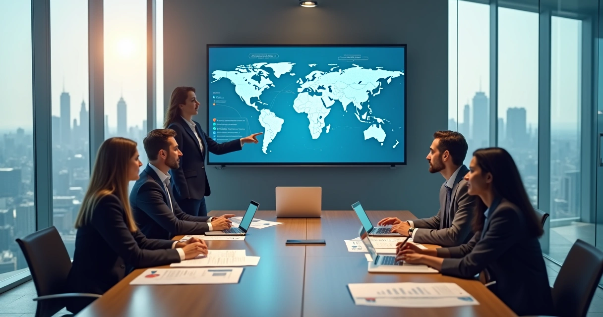 Team reviewing an E2 visa business plan in a modern conference room