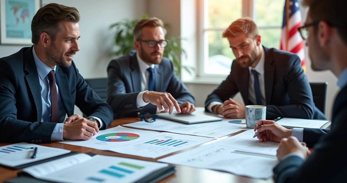 Investor and consultants reviewing business documents for E-2 visa.
