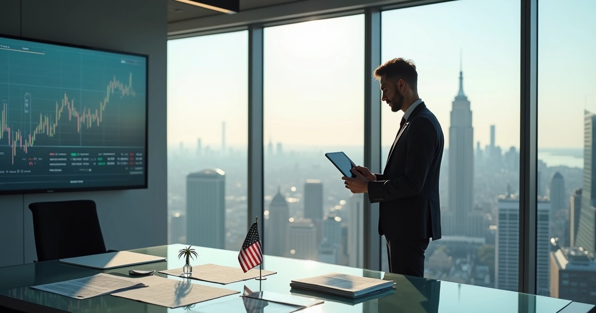 Foreign investor reviewing E-2 visa business plan inside modern U.S. office with skyline view