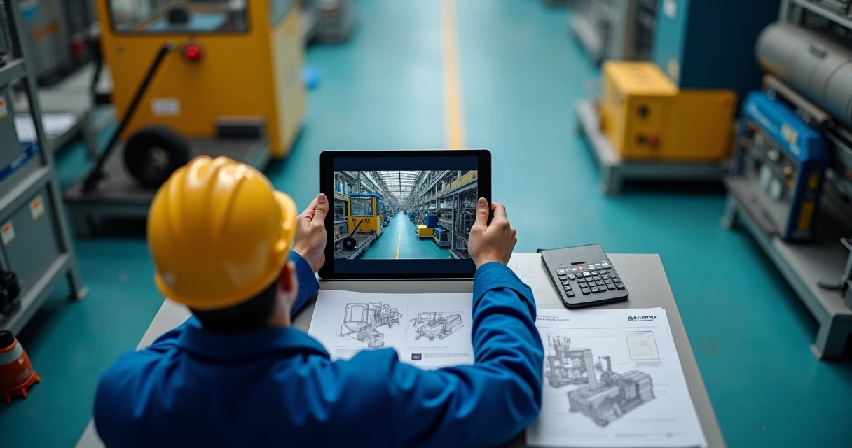Operador assistindo aula de EAD industrial em ambiente fabril