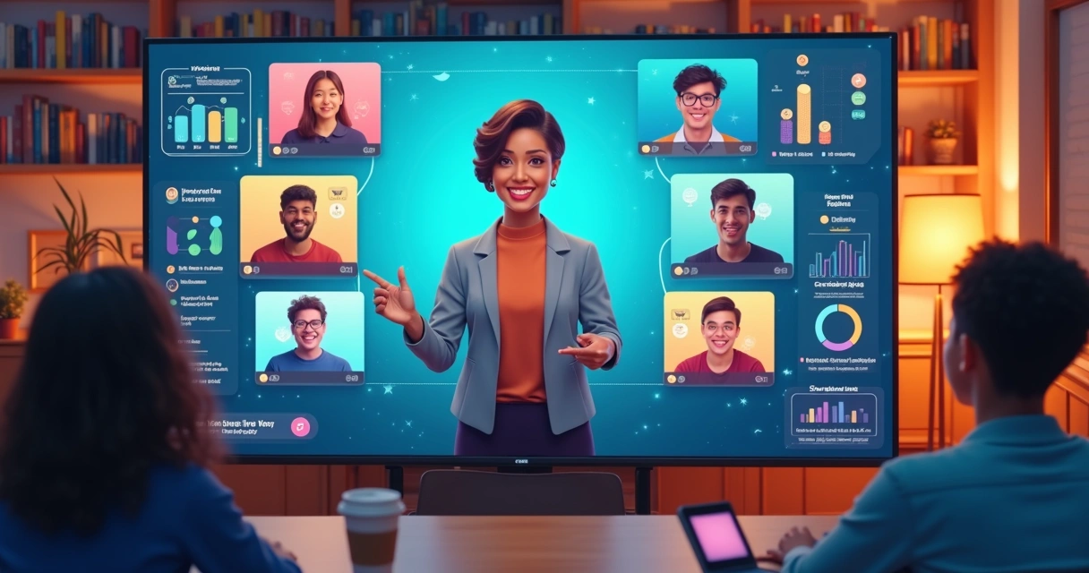 Sala de aula virtual com painéis de IA e alunos interagindo online 