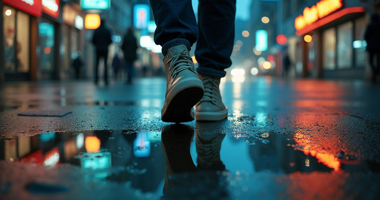 Person caught between overlapping emotional reflections in city puddles 