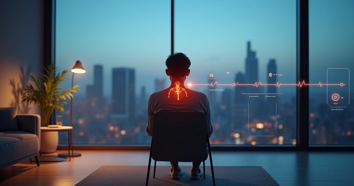 Person observing their body and stress indicators reflected in a glass wall 