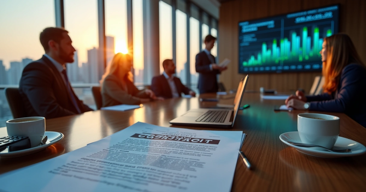 Reunião de executivos analisando contrato de M&A com gráficos de desempenho na tela 