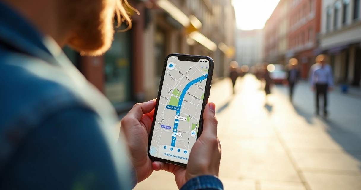 Person holding a smartphone with a simple map on the screen in a city street 