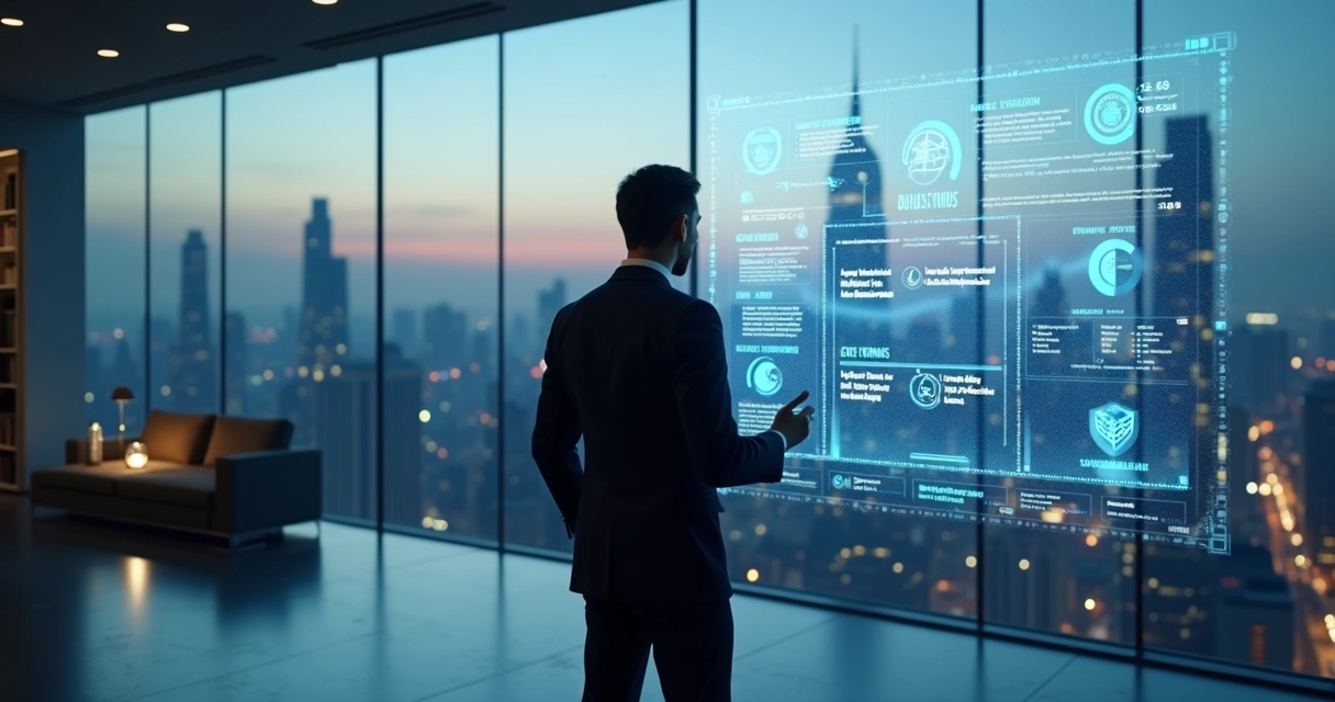 Professional reviewing EB1 qualifications matrix projected over futuristic city skyline