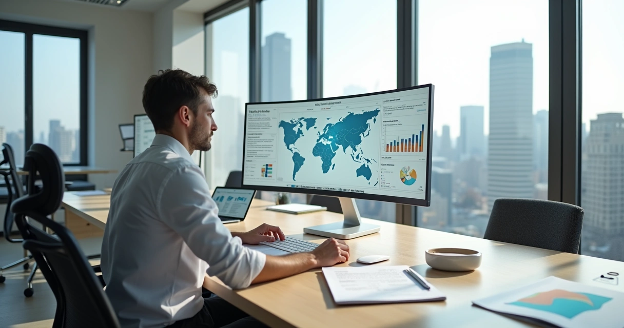 Professional crafting a business plan with US map and strategic graphics on screen