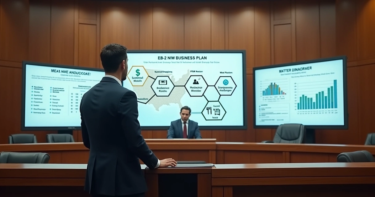 Attorney presenting EB-2 NIW business strategy visuals in modern courtroom
