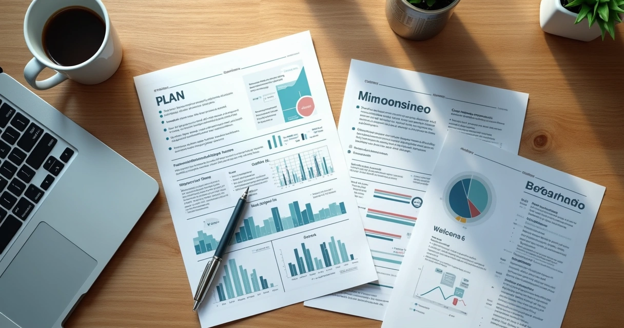 Pages of a detailed professional plan with charts and highlights 