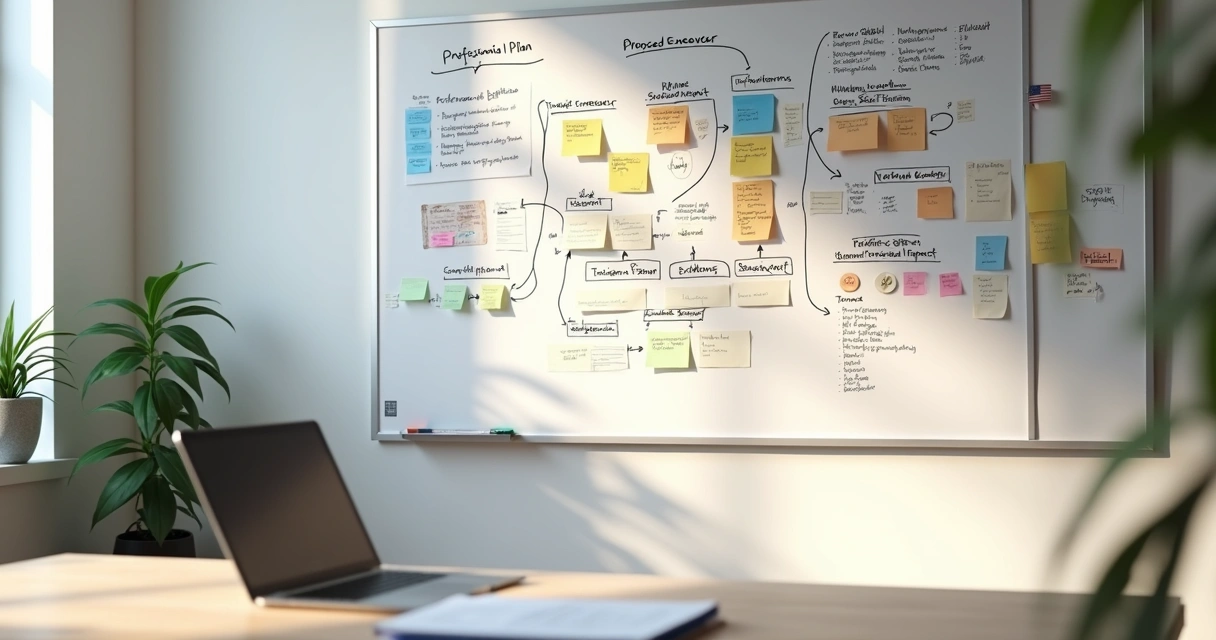 Strategic wall with colorful notes and chart outlining EB-2 NIW professional plan 