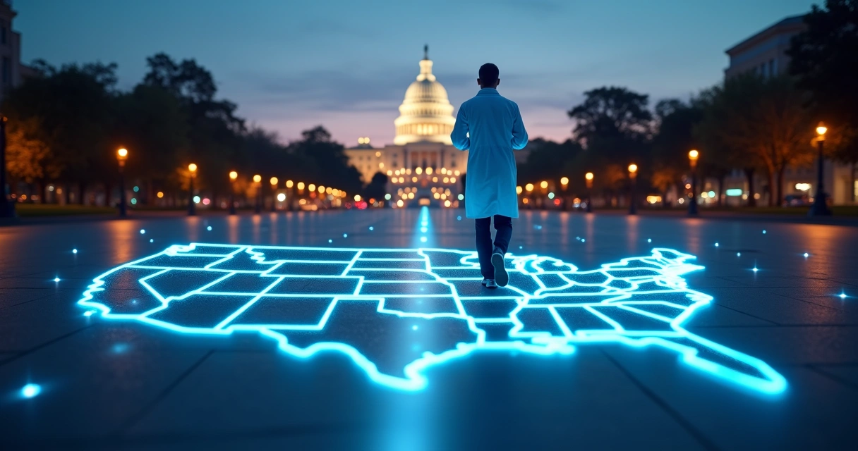 Scientist walking on illuminated pathway shaped like the United States leading toward stylized Capitol building 