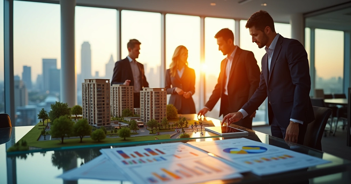 EB-5 investors reviewing a construction site model with job growth charts in a modern office