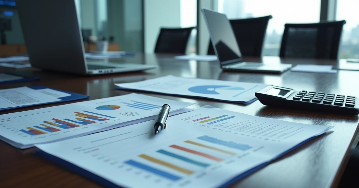 Investment documents and charts on a conference table