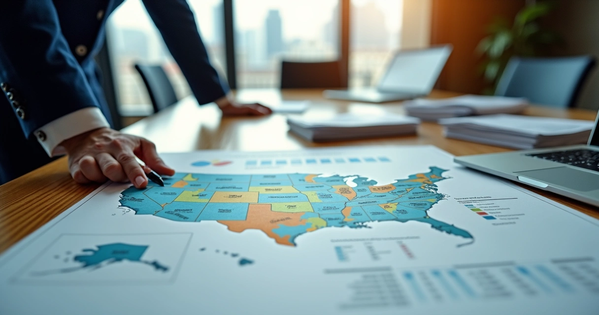 Investor studying a US map highlighting targeted employment areas for EB-5 investment 
