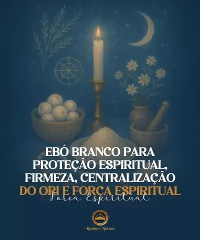 Velas acesas, flores e ingredientes para ebó branco sobre fundo azul escuro