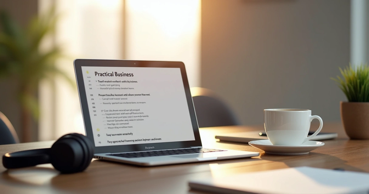 Ebook digital aberto mostrando checklist de negócios em uma mesa com café e fones de ouvido.