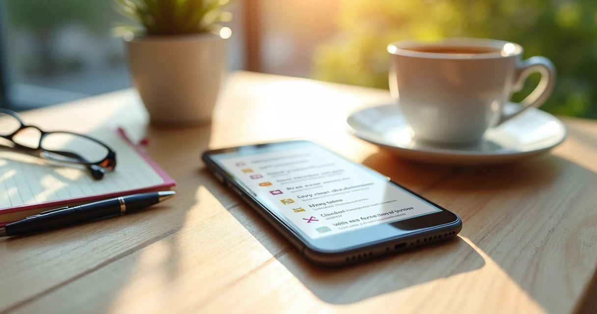 Visualização de um e-book estilo checklist em smartphone sobre mesa de madeira