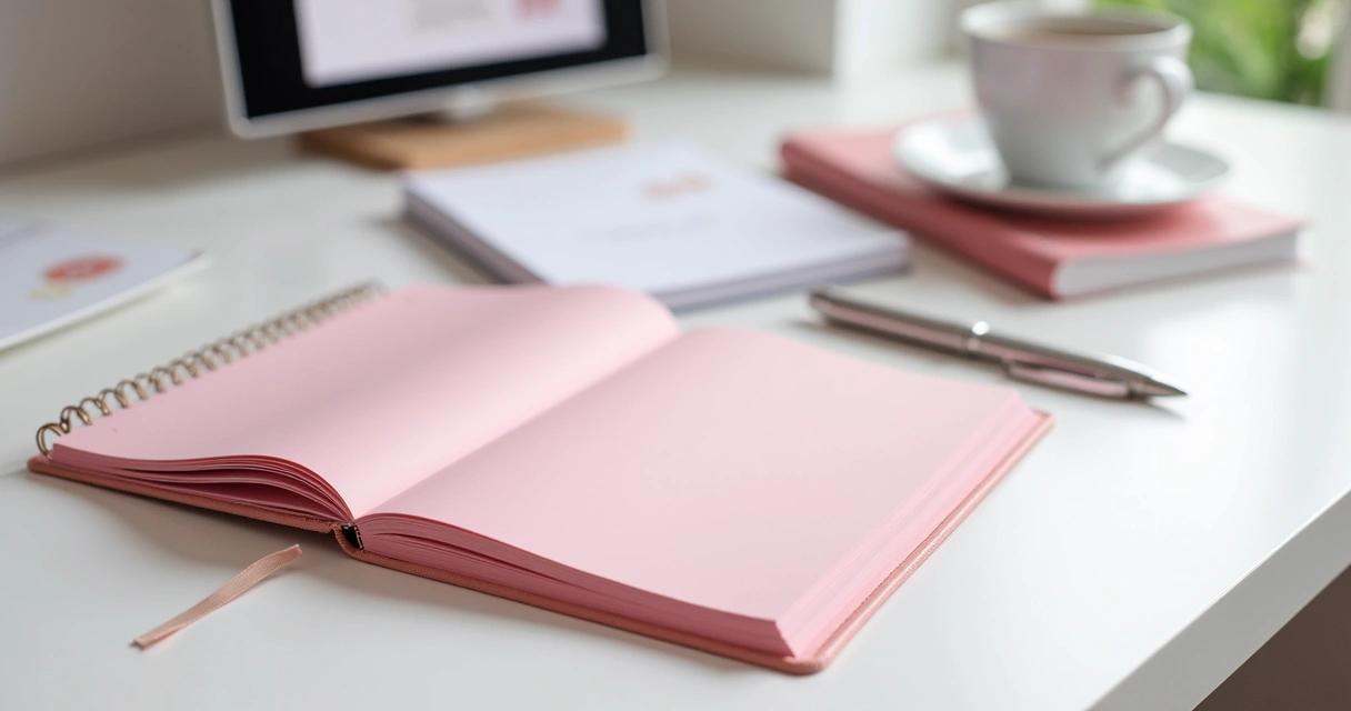 Notebook exibindo capa de ebook e papéis digitais ao lado
