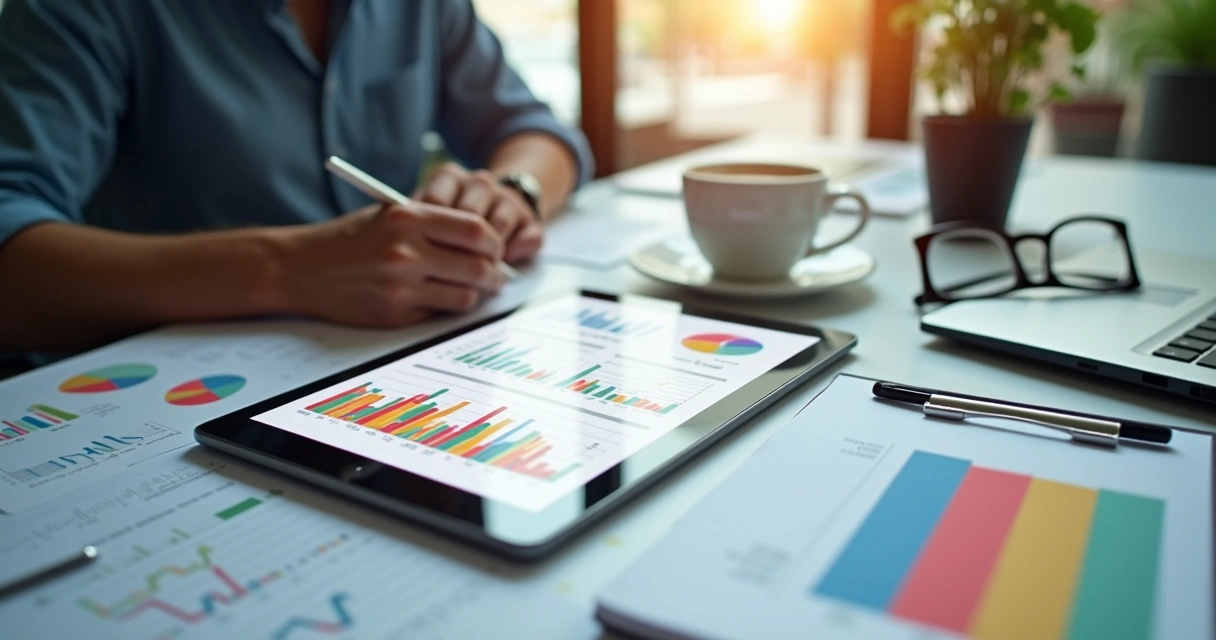 E-book de contabilidade digital aberto em tablet, com destaque para texto e gráficos 