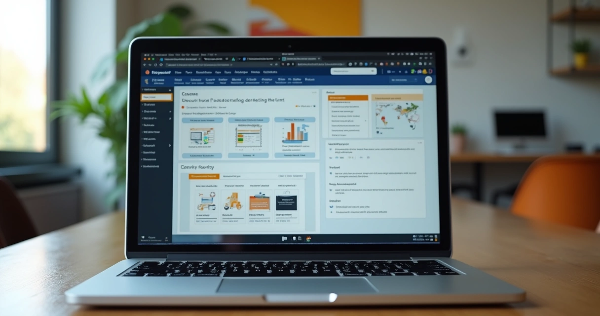 Notebook mostrando curso online com slides e planilhas, sem imagem de pessoas 