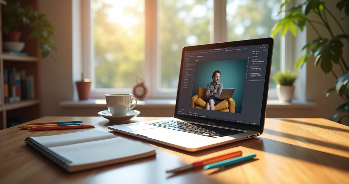 Notebook com curso online e caderno ao lado