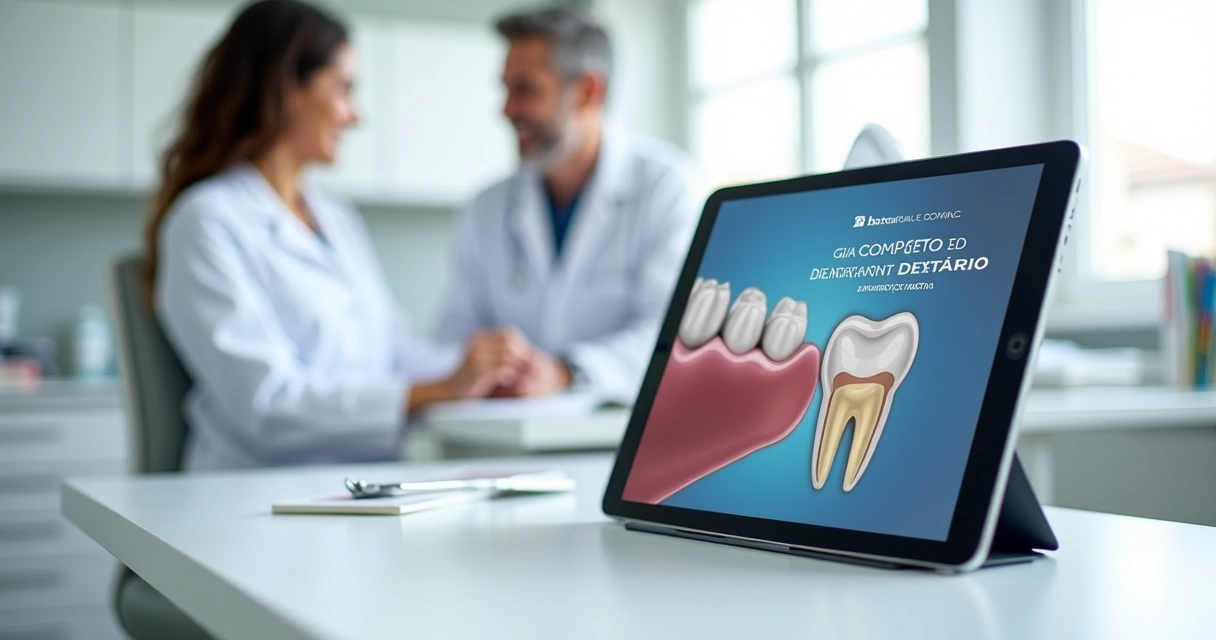 E-book educativo sobre implante dentário exibido em tablet