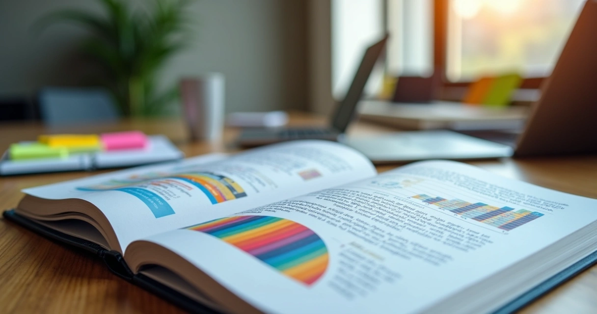 Ebook aberto com gráficos coloridos e textos estruturados em mesa de escritório 