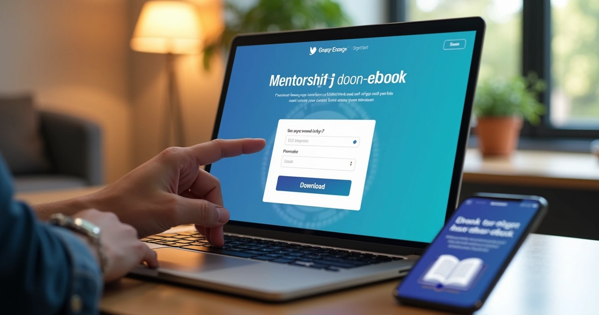 Ebook de mentoria sendo baixado por lead em notebook 