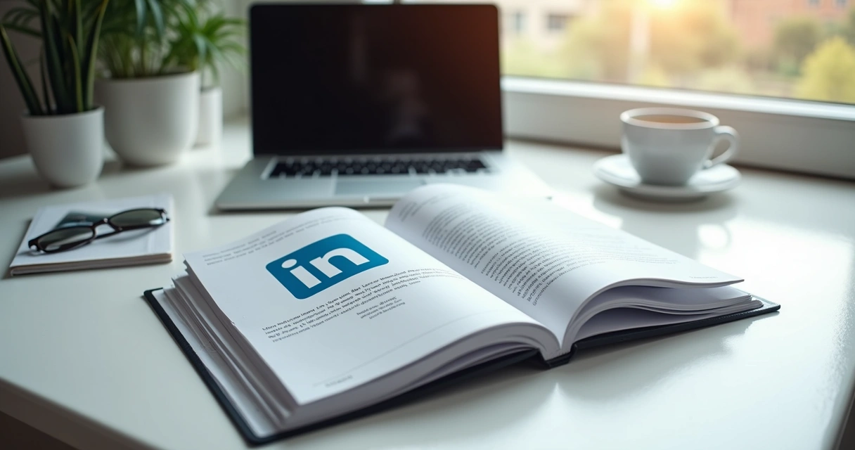 Ebook aberto sobre LinkedIn em ambiente de trabalho claro 