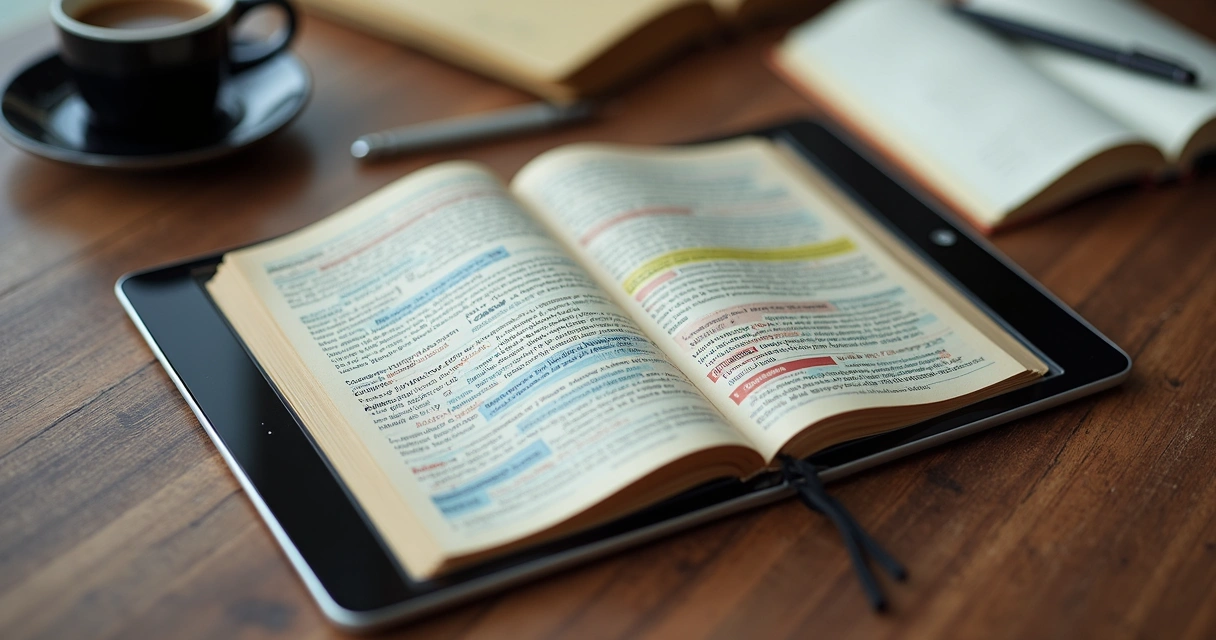 Ebook aberto em tablet com ilustrações narrativas coloridas.