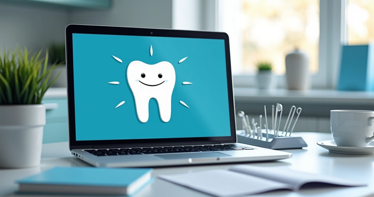 Capa de eBook odontológico ao lado de laptop em mesa de consultório 