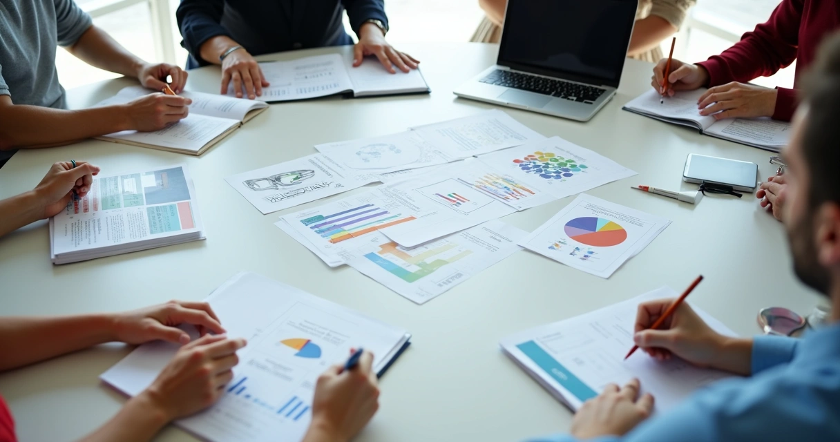 Materiais digitais diversos, como ebook, guia e relatório, lado a lado em fundo claro 