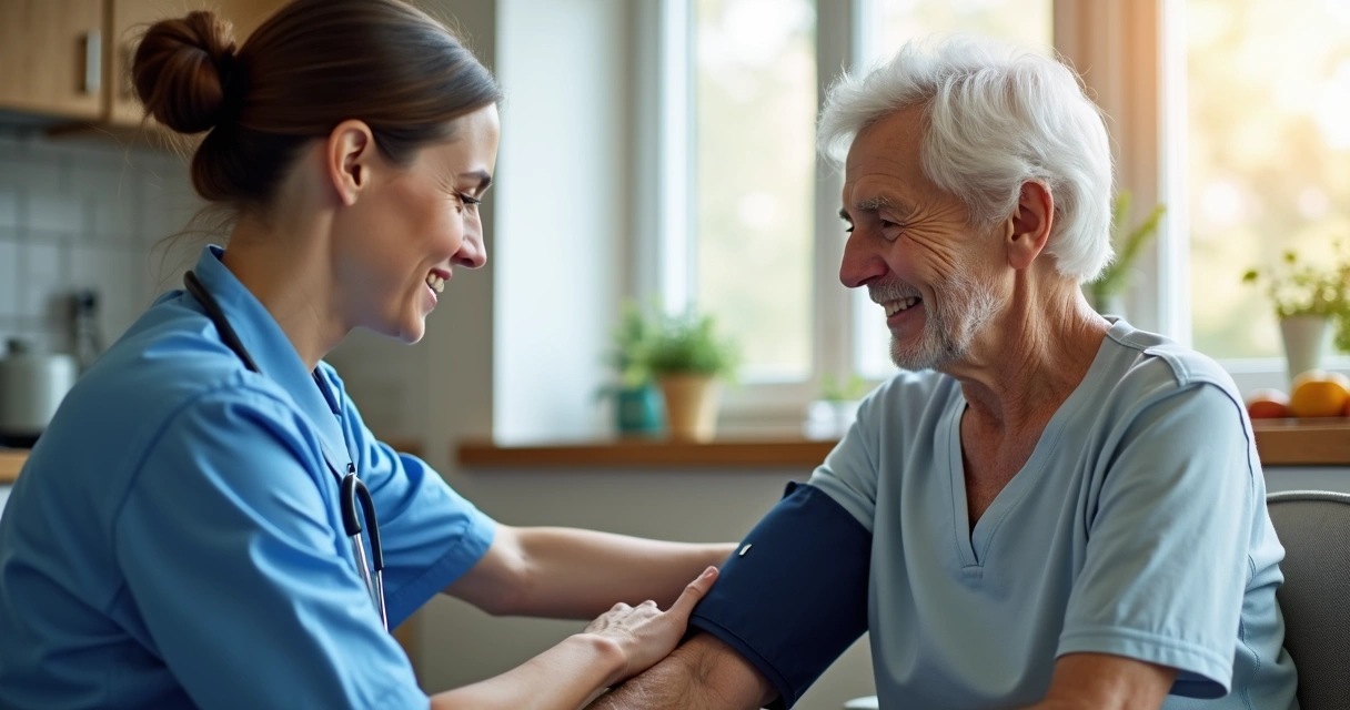 Profissional da saúde instalando MAPA 24h em paciente idoso em casa 