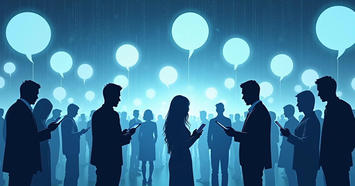 People in a digital environment with repeating speech bubbles symbolizing an echo chamber