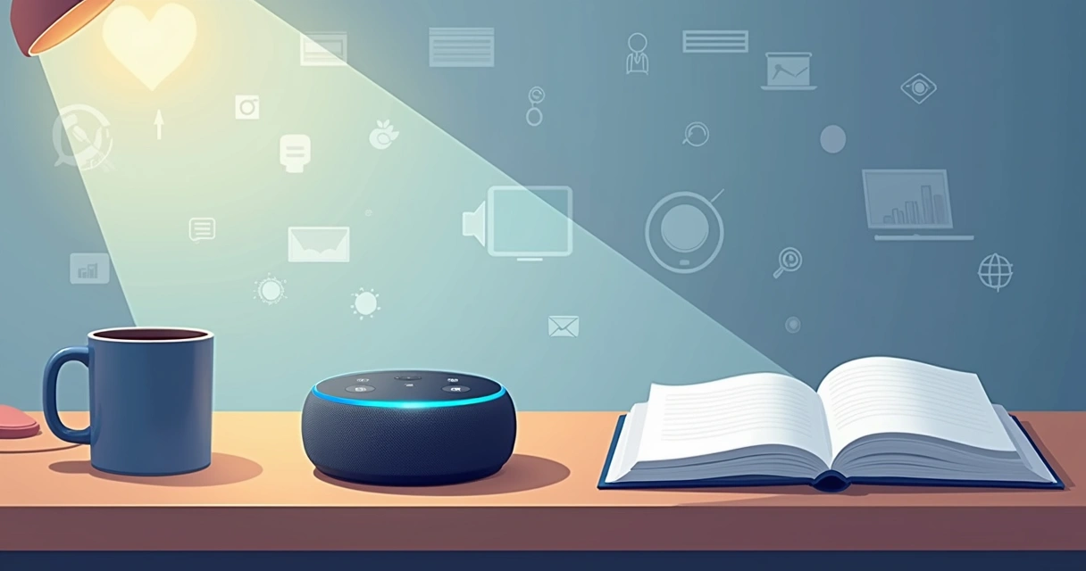 Echo Dot sobre mesa de trabalho ao lado de xícara de café e caderno 