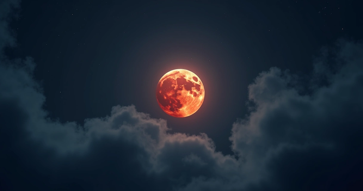 Lua vermelha durante o eclipse vista entre nuvens leves 