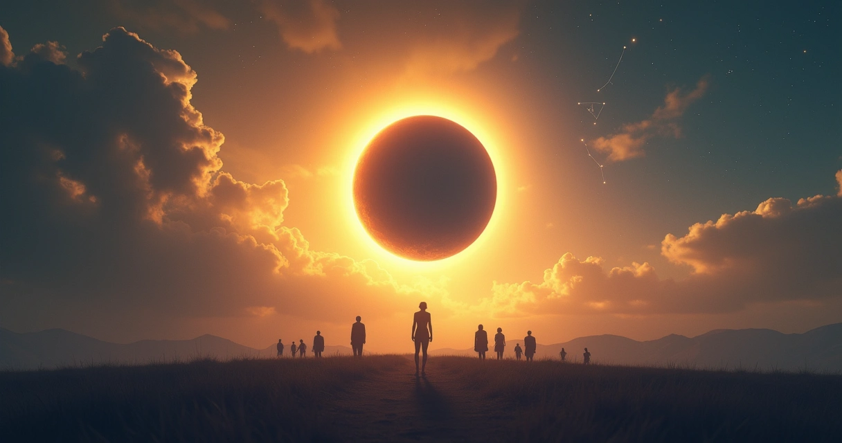 Vista de um eclipse solar e lunar com pessoas em contemplação no primeiro plano, nuvens místicas e símbolos de novas oportunidades.