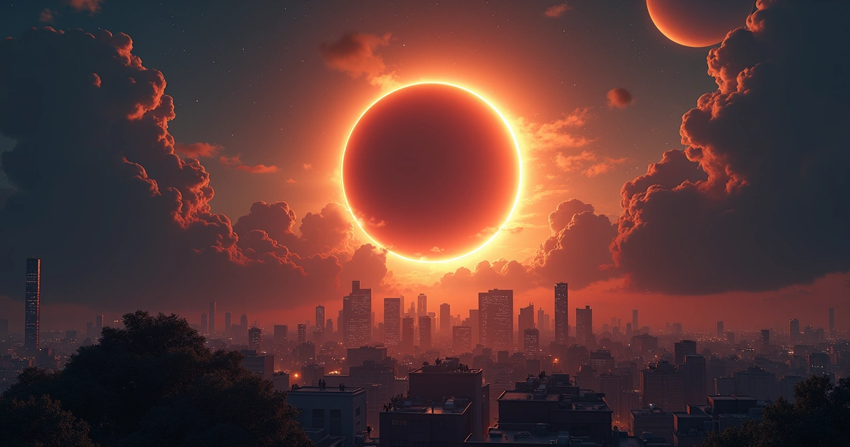 Solar eclipse over city skyline with planets visible, night sky glowing, astrology symbols subtle in clouds 