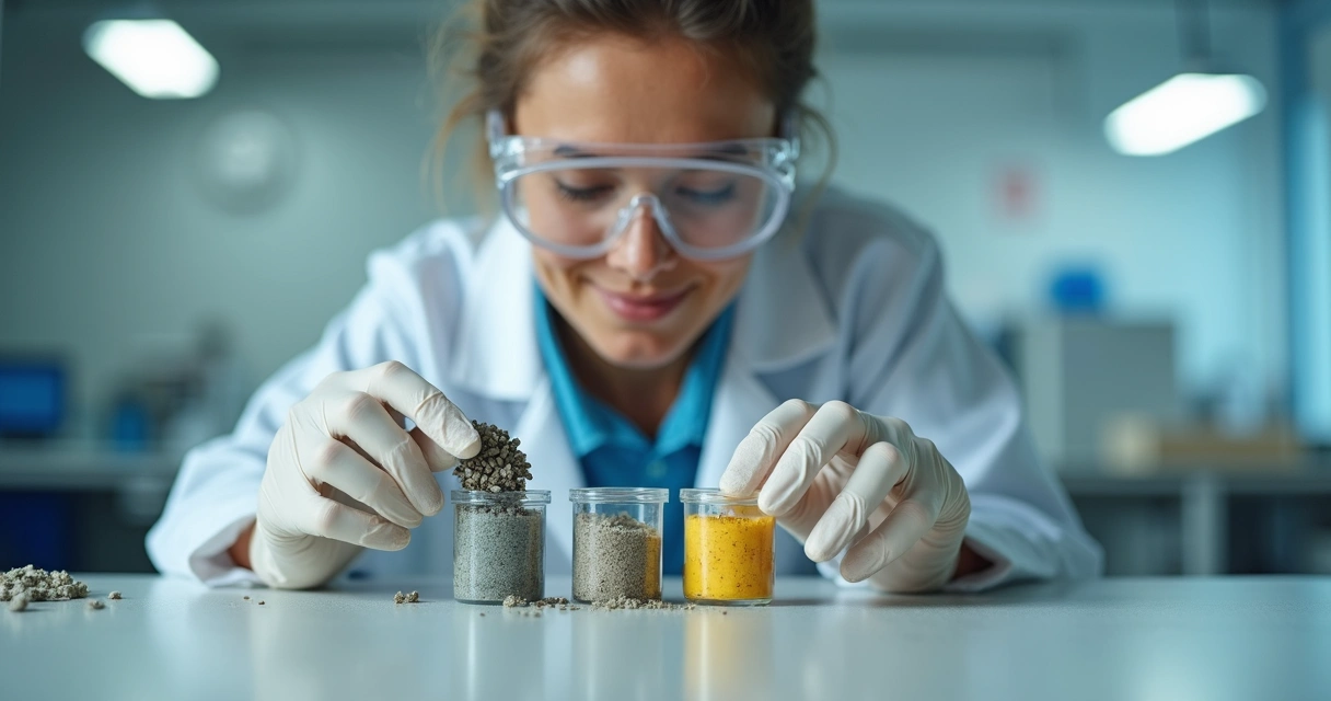 Technician comparing eco-friendly concrete mixes in a laboratory 