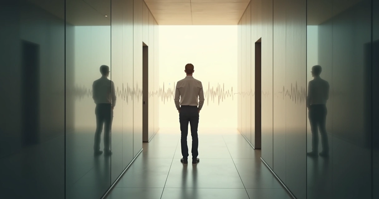 Pessoa diante de duas portas vendo seu reflexo duplicado simbolizando o eco emocional nas decisões 