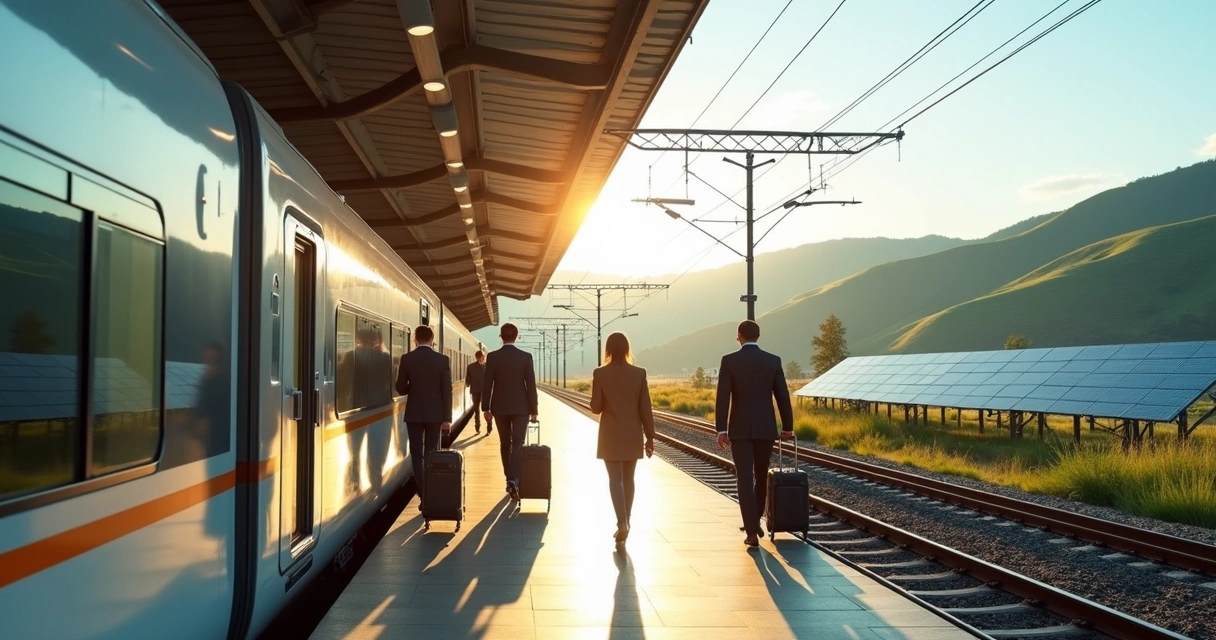 Travelers boarding electric train with green landscape